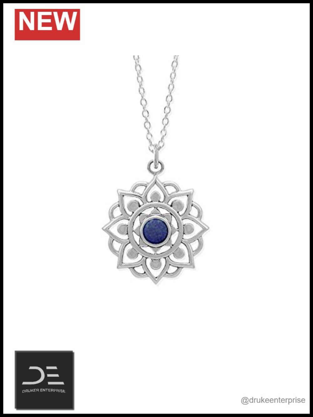 Sterling Silver Lotus Flower Pendant Necklace Lapis Lazuli
